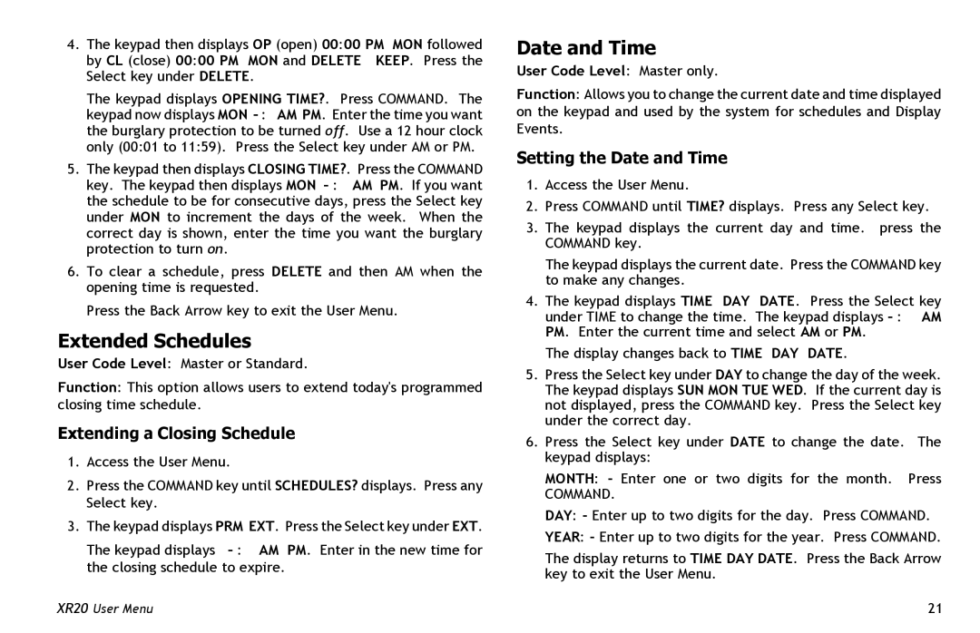 Master Lock XR20 manual Extended Schedules, Extending a Closing Schedule, Setting the Date and Time 