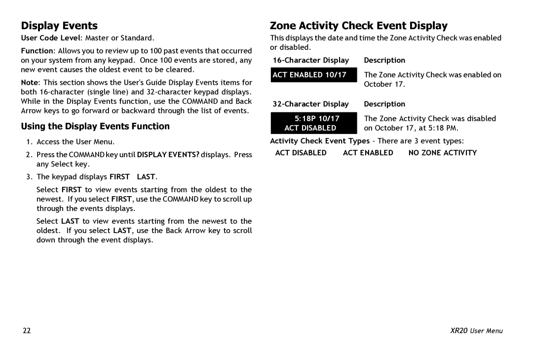 Master Lock XR20 manual Zone Activity Check Event Display, Using the Display Events Function 