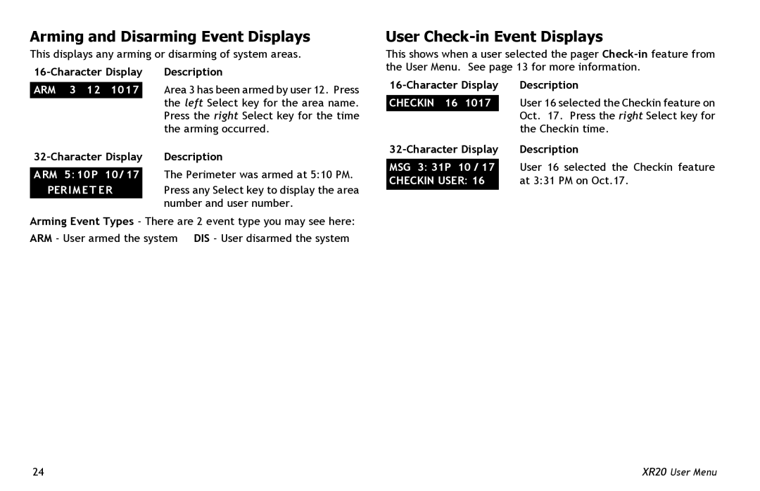 Master Lock XR20 manual Arming and Disarming Event Displays, User Check-in Event Displays 