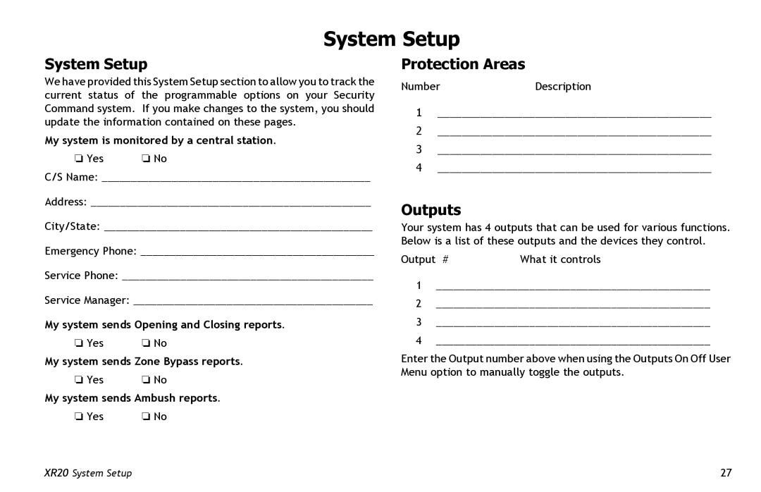 Master Lock XR20 manual System Setup, Protection Areas, Outputs 