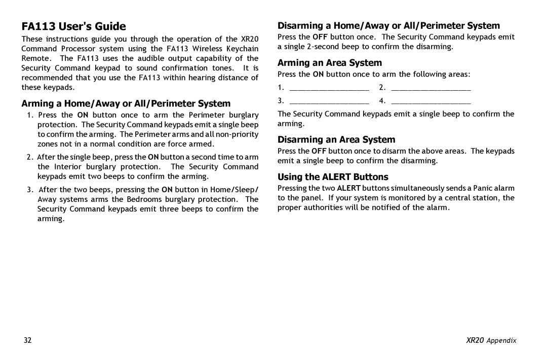 Master Lock XR20 manual FA113 Users Guide, Arming a Home/Away or All/Perimeter System, Arming an Area System 