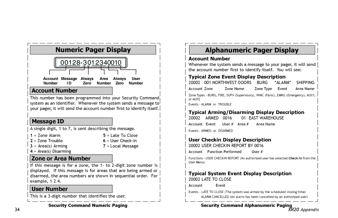 Master Lock XR20 manual Numeric Pager Display, Alphanumeric Pager Display 
