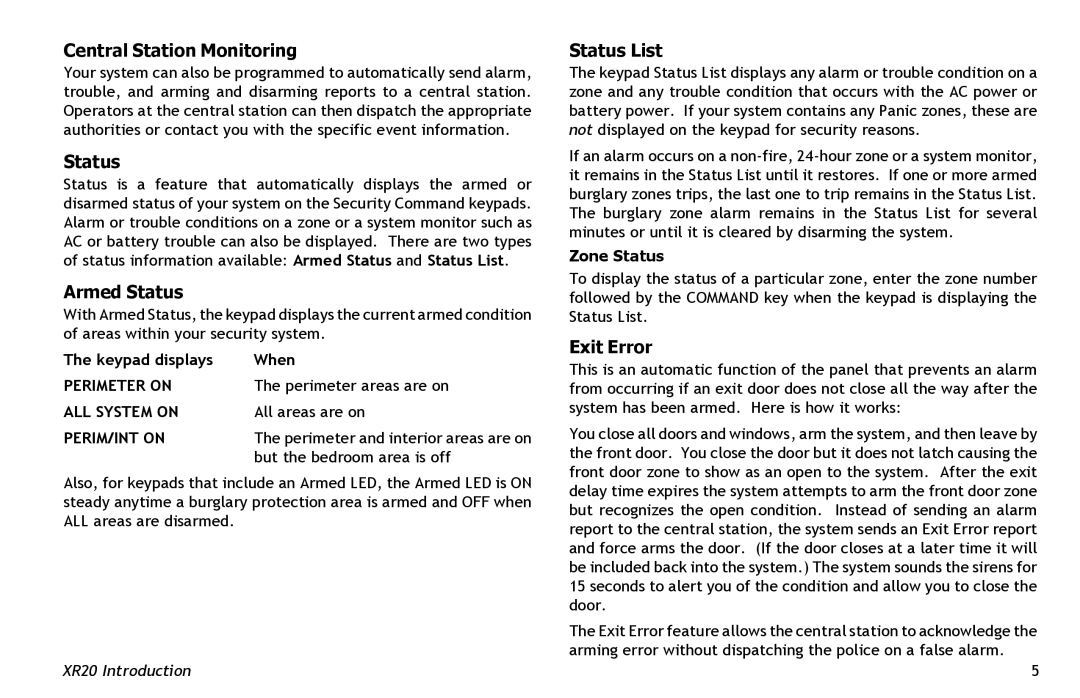 Master Lock XR20 manual Central Station Monitoring, Armed Status, Status List, Exit Error 
