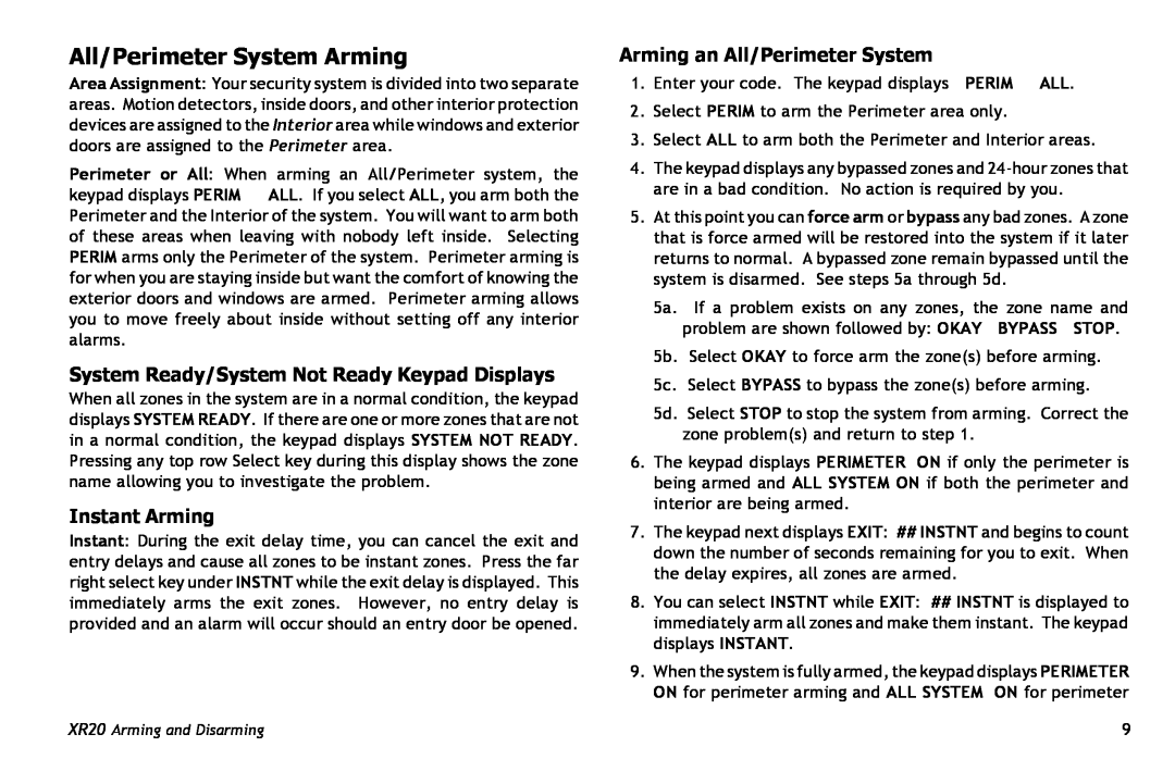 Master Lock XR20 manual All/Perimeter System Arming, System Ready/System Not Ready Keypad Displays, Instant Arming 