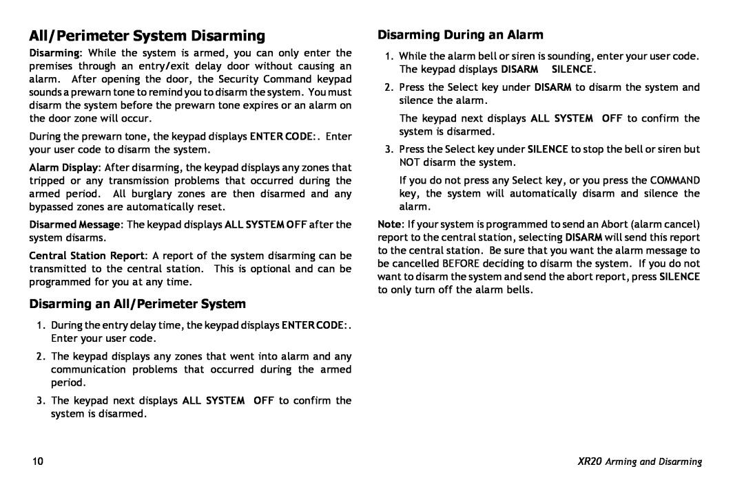 Master Lock XR20 manual All/Perimeter System Disarming, Disarming an All/Perimeter System, Disarming During an Alarm 