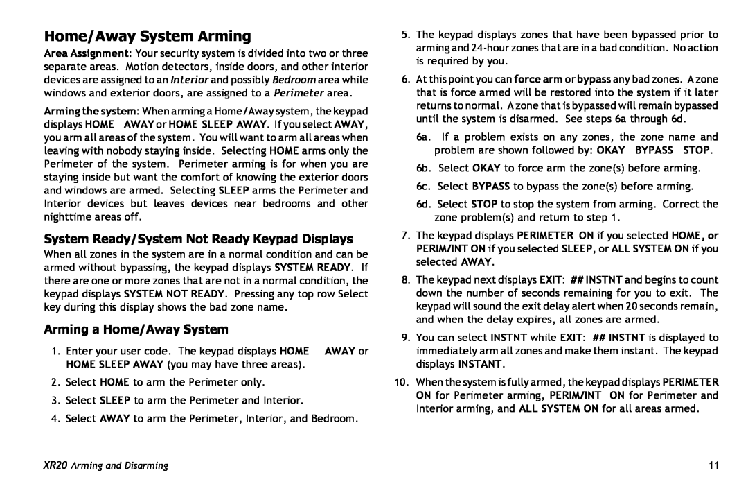 Master Lock XR20 manual Home/Away System Arming, Arming a Home/Away System, System Ready/System Not Ready Keypad Displays 