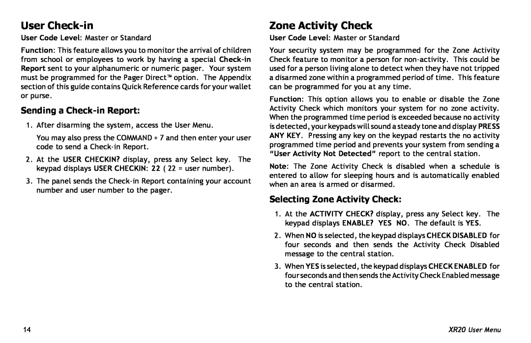 Master Lock XR20 manual User Check-in, Sending a Check-inReport, Selecting Zone Activity Check 
