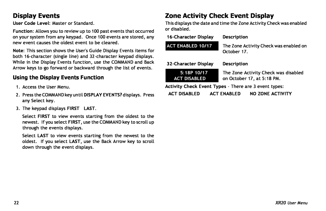 Master Lock XR20 Zone Activity Check Event Display, Using the Display Events Function, CharacterDisplay, Description 