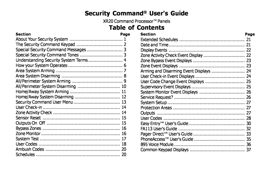 Master Lock XR20 manual Security Command Users Guide, Table of Contents 
