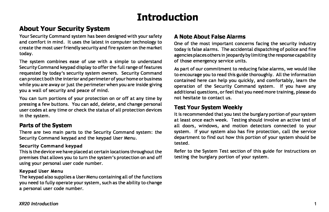 Master Lock XR20 manual Introduction, About Your Security System, Parts of the System, A Note About False Alarms 