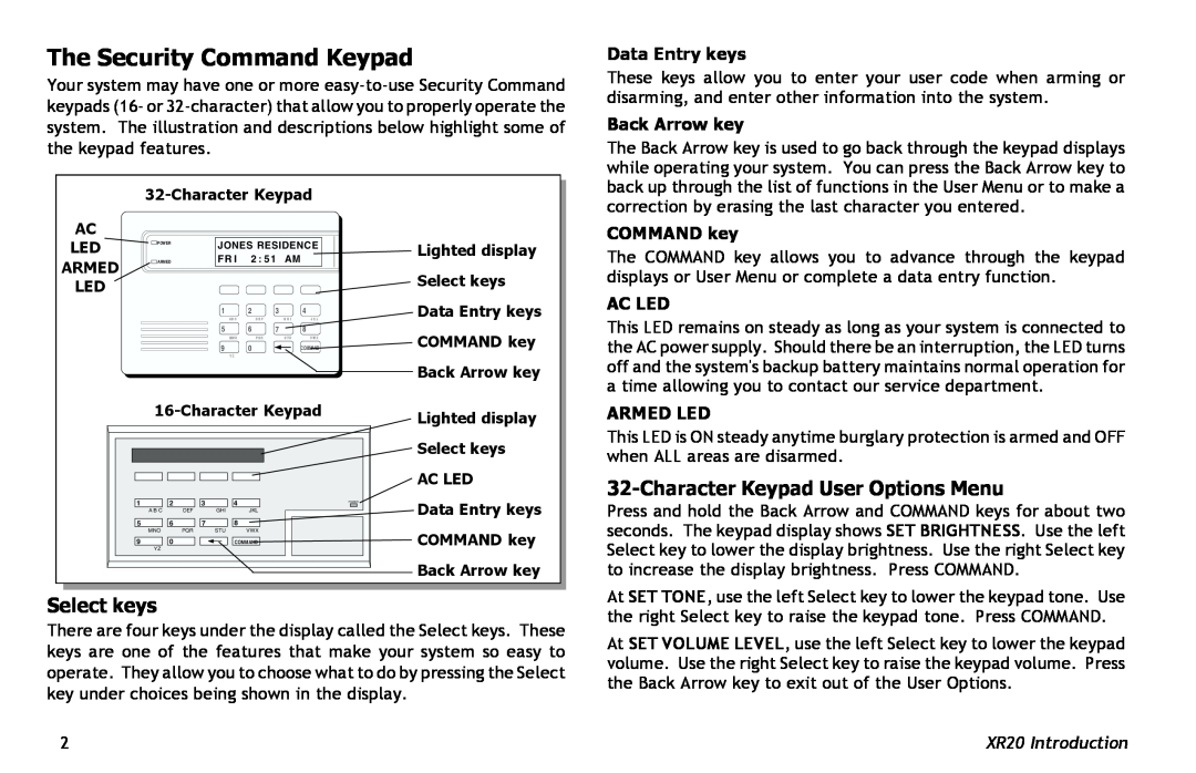 Master Lock XR20 The Security Command Keypad, CharacterKeypad User Options Menu, Select keys, Data Entry keys, COMMAND key 