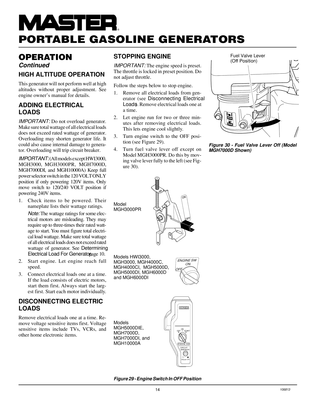 Master Lock High Altitude Operation Adding Electrical Loads, Disconnecting Electric Loads, Stopping Engine 