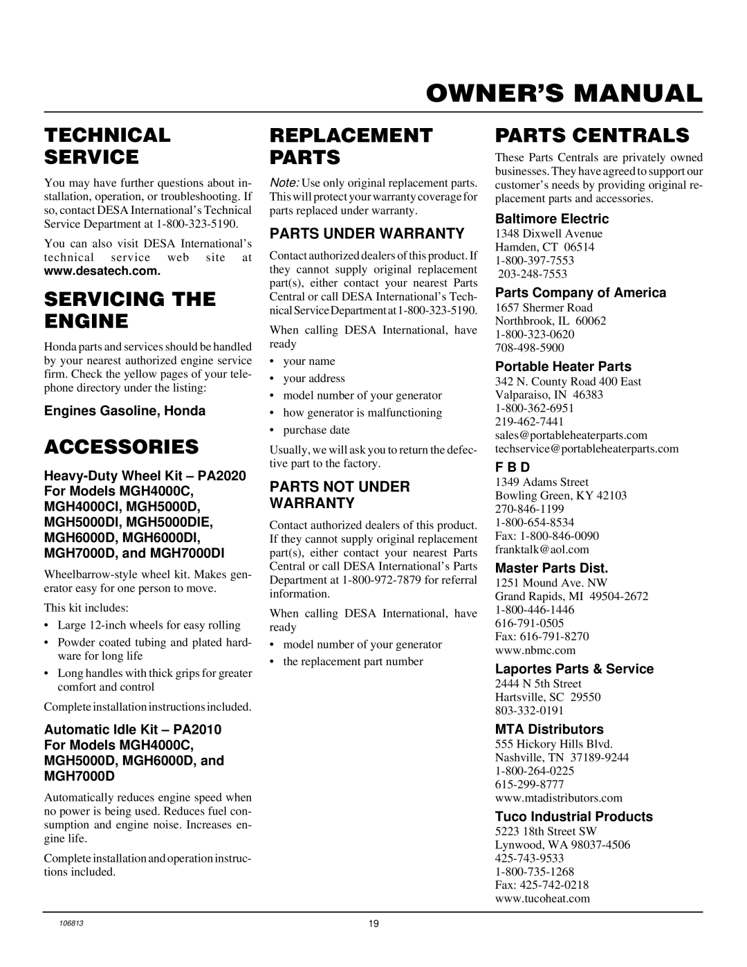 Master Lock installation manual Technical Service, Servicing the Engine, Accessories, Replacement Parts, Parts Centrals 