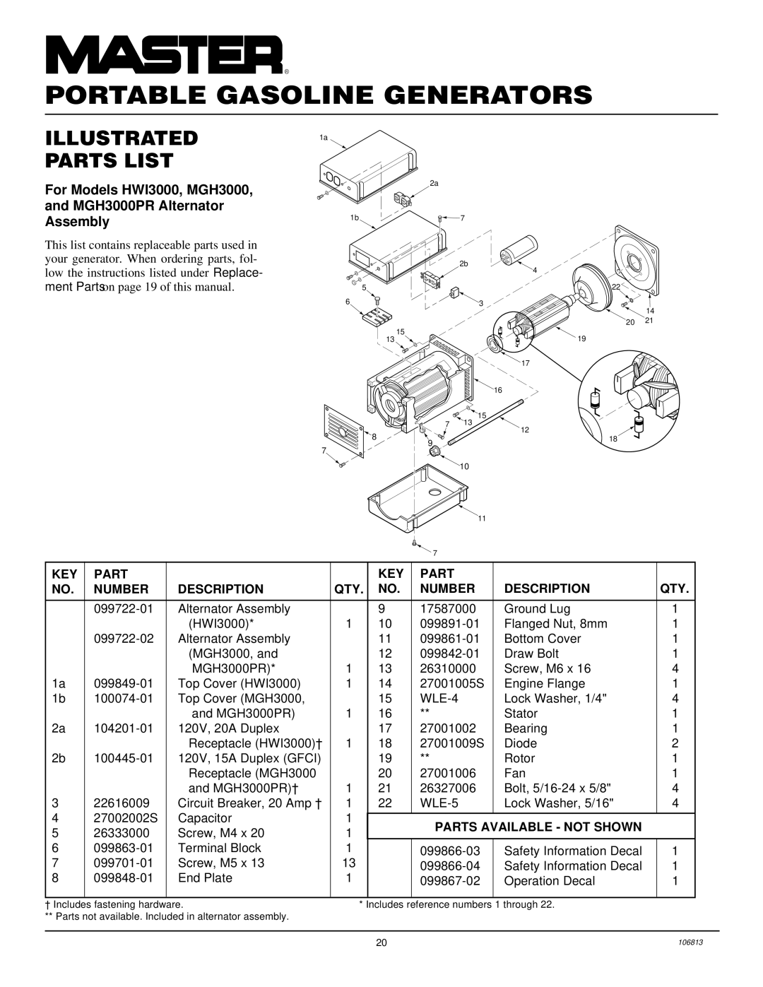 Master Lock Illustrated Parts List, For Models HWI3000, MGH3000 MGH3000PR Alternator Assembly, Parts Available not Shown 