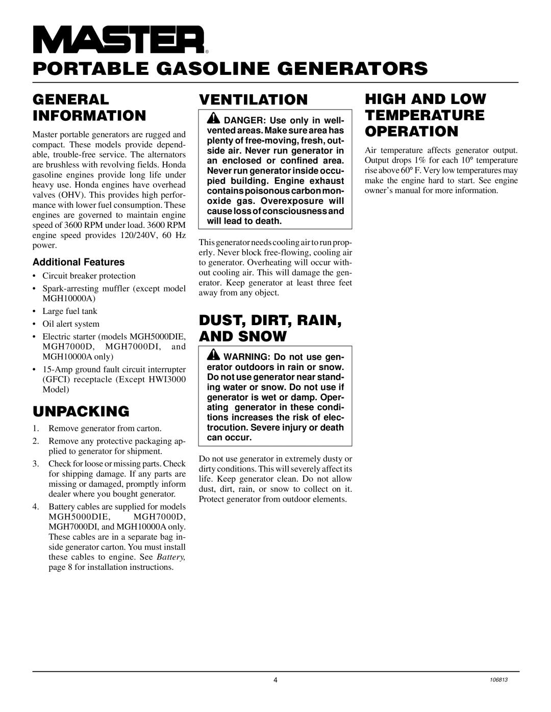 Master Lock General Information, Unpacking, Ventilation, DUST, DIRT, Rain Snow, High and LOW Temperature Operation 