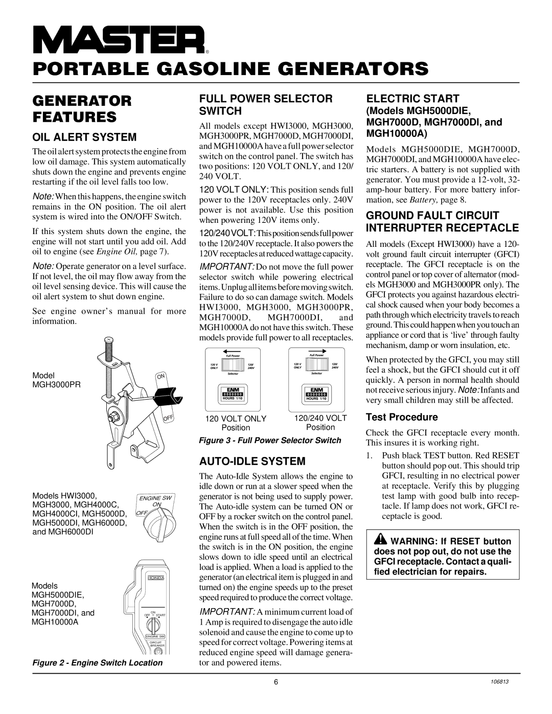 Master Lock Generator Features, OIL Alert System, Full Power Selector Switch, AUTO-IDLE System, Electric Start 