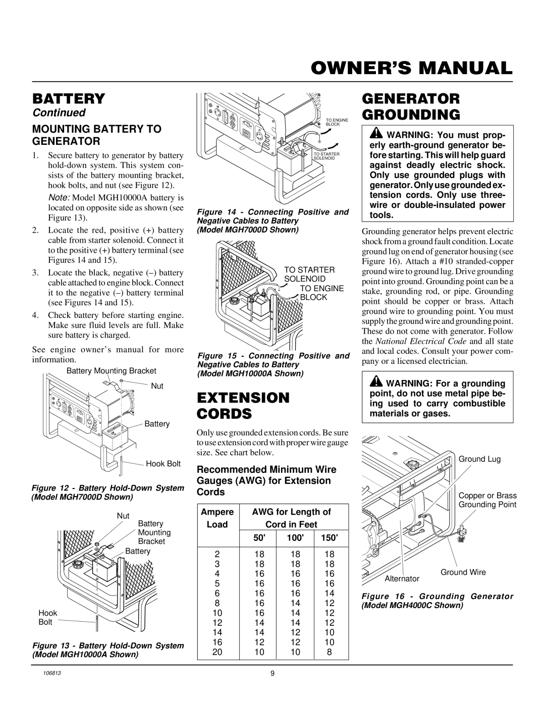 Master Lock installation manual Extension Cords, Generator Grounding, Mounting Battery to Generator 