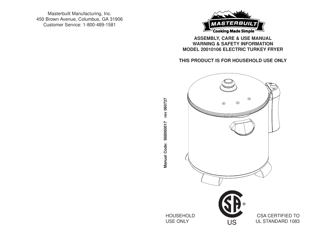 Masterbuilt 20010106 manual Household CSA Certified to USE only 