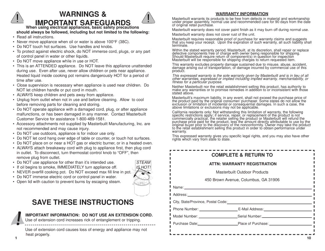 Masterbuilt 20010106 Important Information do not USE AN Extension Cord, Warranty Information, Attn Warranty Registration 