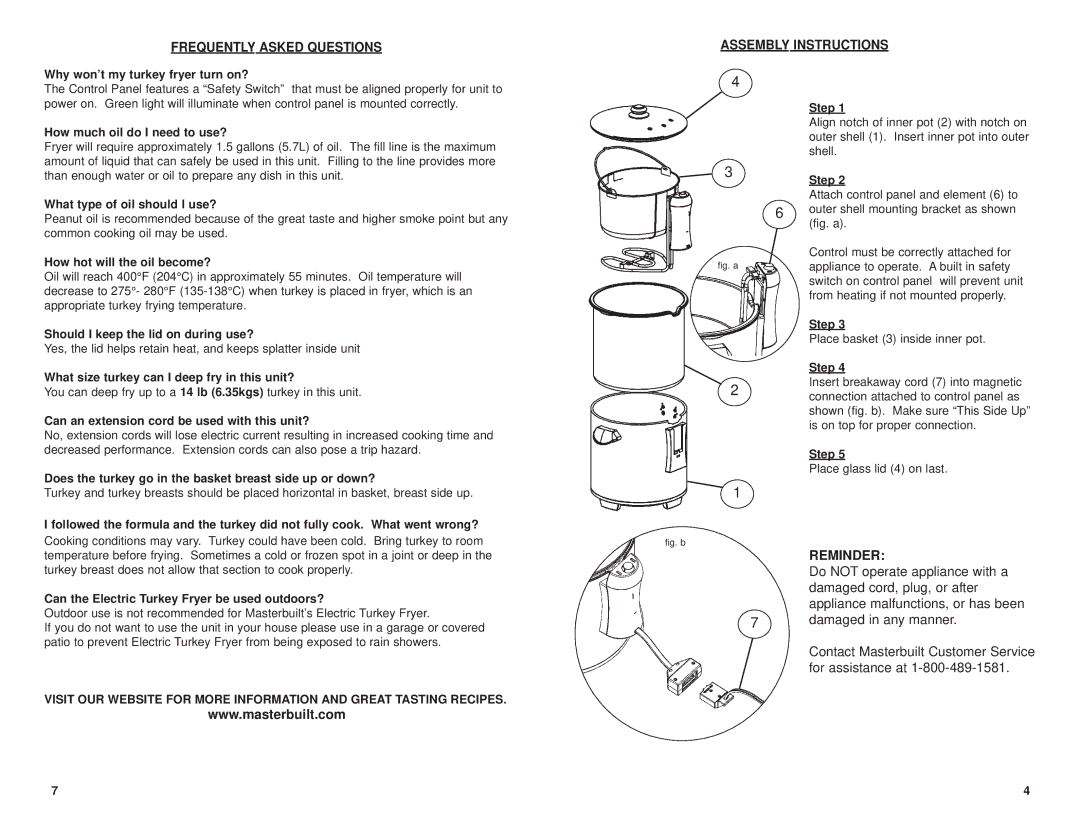 Masterbuilt 20010106 manual Reminder, Frequently Asked Questions, Assembly Instructions 