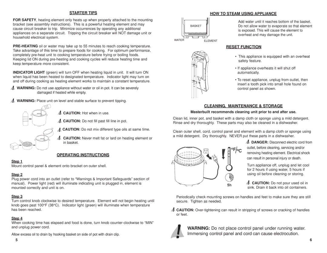 Masterbuilt 20010106 manual Reset Function, CLEANING, Maintenance & Storage, Starter Tips, Operating Instructions 