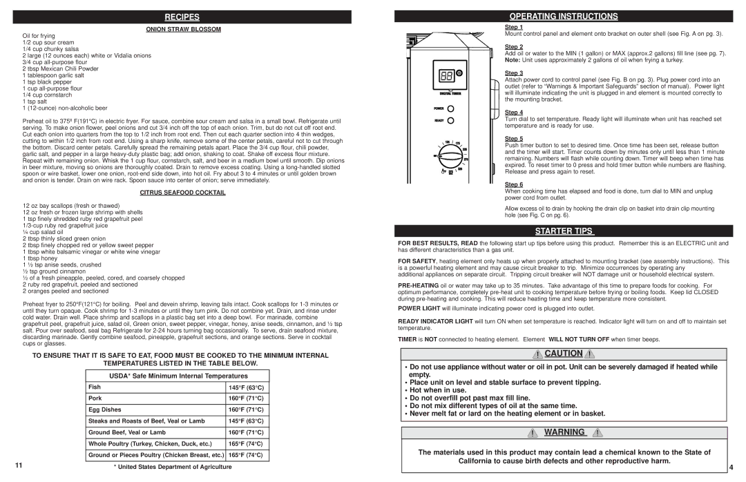 Masterbuilt 20010611 Operating Instructions, Starter Tips, USDA* Safe Minimum Internal Temperatures, Onion Straw Blossom 