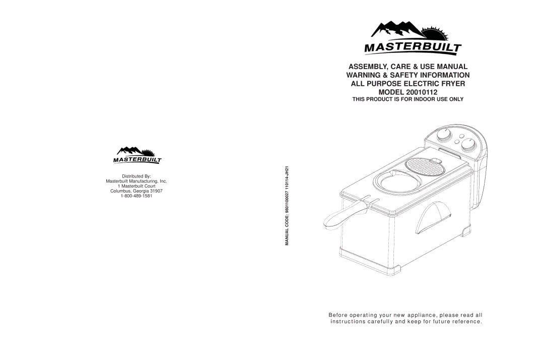 Masterbuilt 20010112 manual ASSEMBLY, Care & USE Manual ALL Purpose Electric Fryer, This Product is for Indoor USE only 