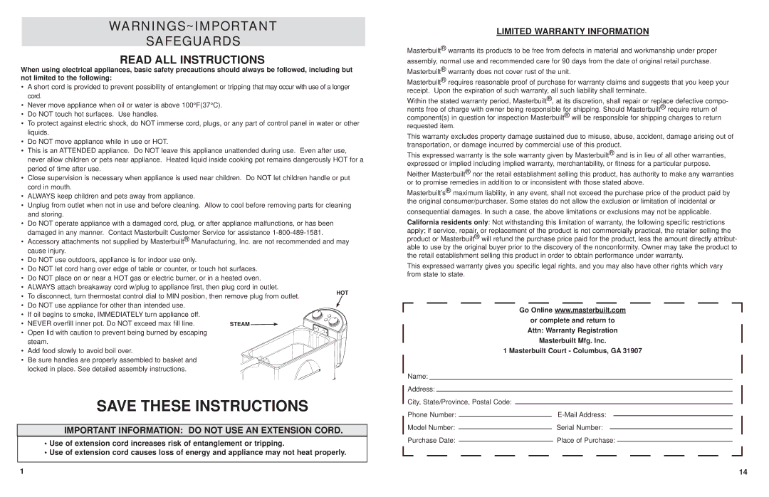 Masterbuilt 20010112 manual Read ALL Instructions, Important Information do not USE AN Extension Cord 