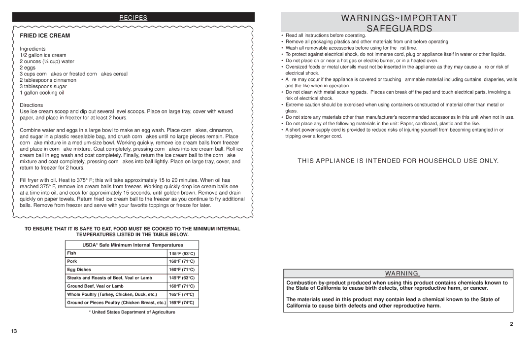 Masterbuilt 20010112 This Appliance is Intended for Household USE only, Recipes, Fried ICE Cream, Ingredients, Directions 