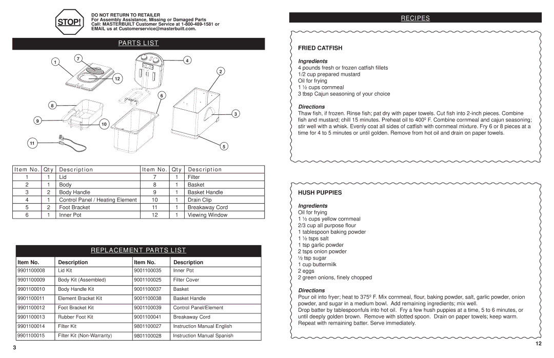 Masterbuilt 20010112 manual Stop, Parts List, Fried Catfish, Hush Puppies, Ingredients Oil for frying 