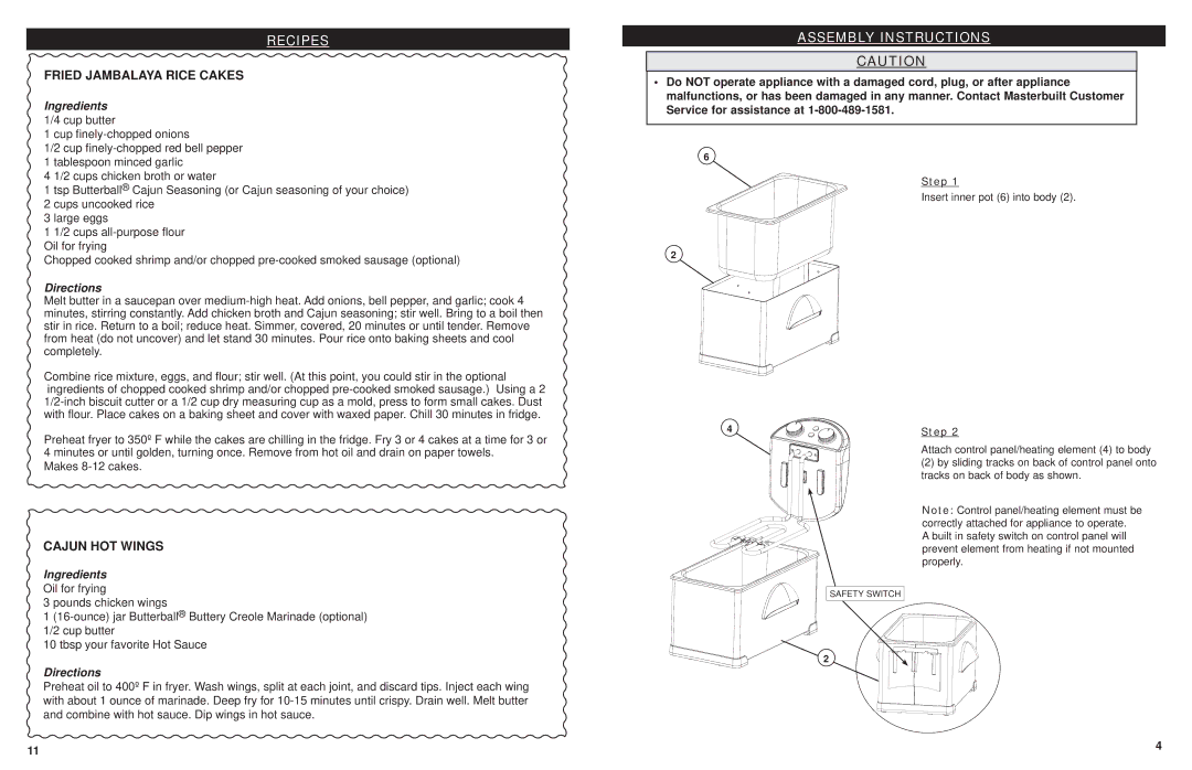 Masterbuilt 20010112 manual Assembly Instructions, Fried Jambalaya Rice Cakes, Cajun HOT Wings, Step 