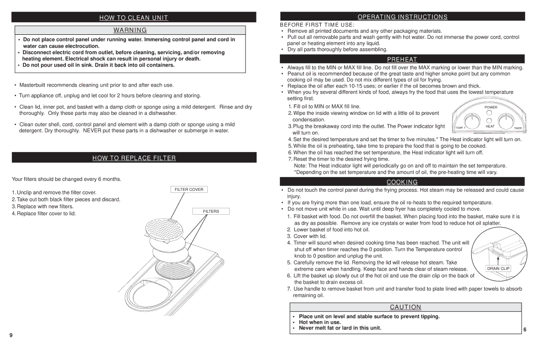 Masterbuilt 20010112 manual HOW to Clean Unit, HOW to Replace Filter Operating Instructions, Preheat, Cooking 