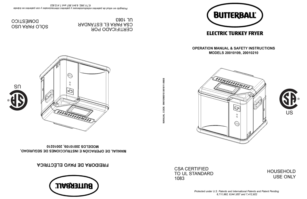 Masterbuilt 20010210 operation manual Eléctrica Pavo DE Freidora 