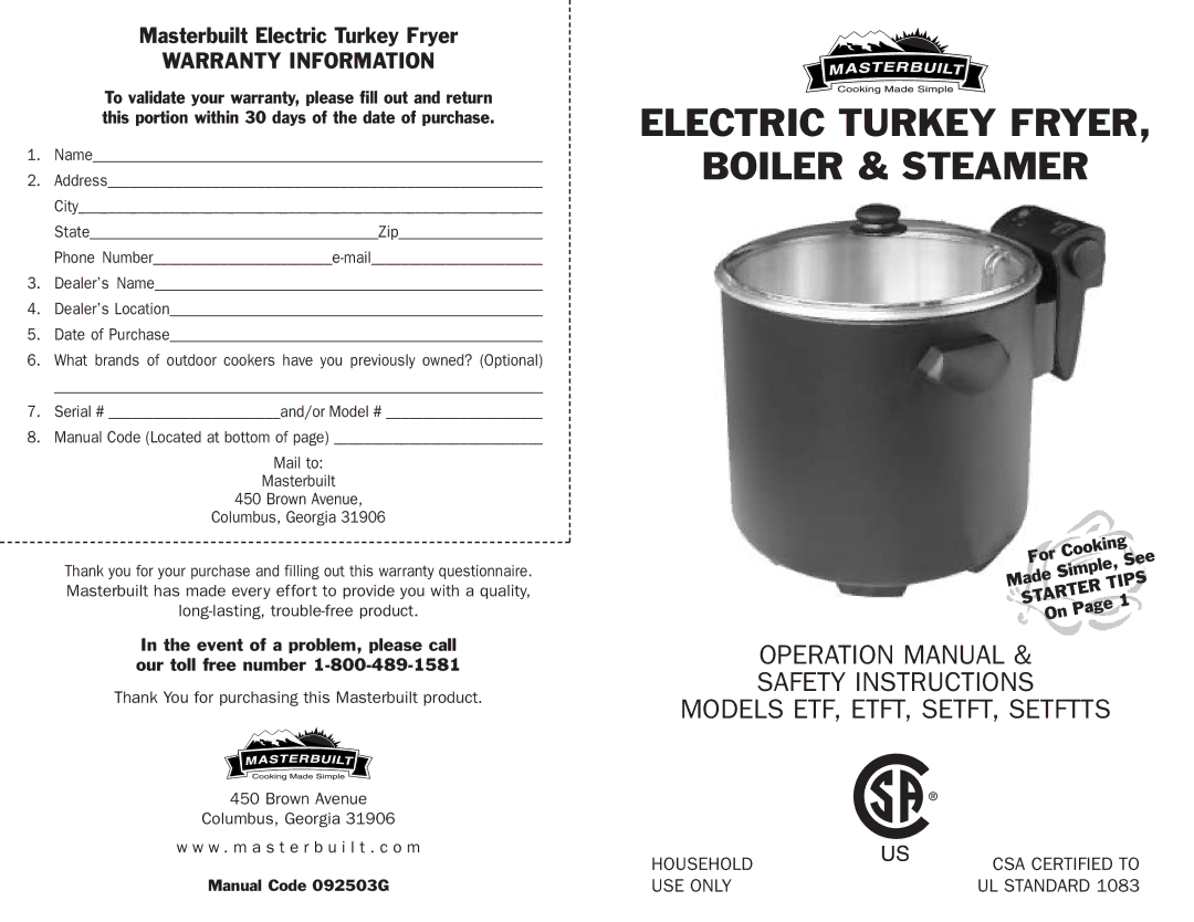 Masterbuilt 20010306 operation manual Masterbuilt Electric Turkey Fryer, Manual Code 092503G 