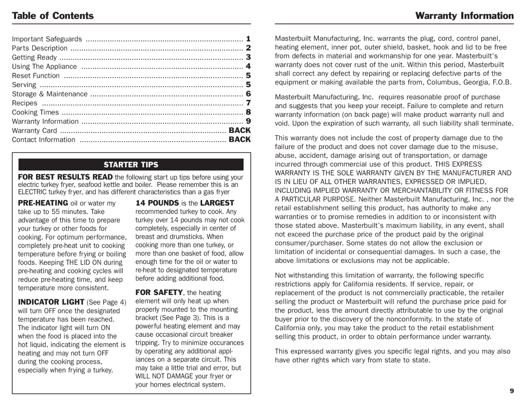 Masterbuilt 20010306 operation manual Table of Contents, Warranty Information 