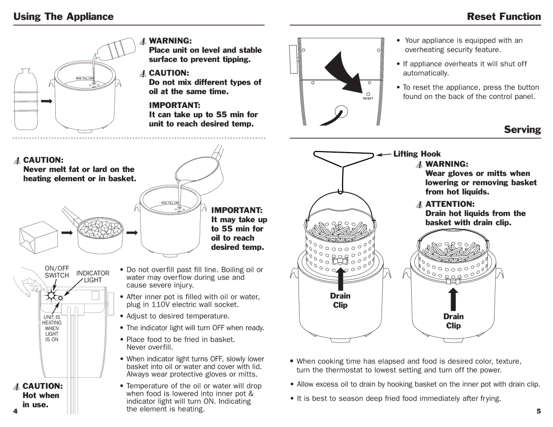 Masterbuilt 20010306 operation manual Using The Appliance, Reset Function, Serving, Drain Clip 