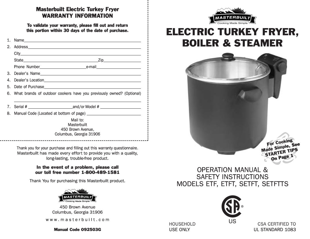 Masterbuilt 20010306 operation manual Masterbuilt Electric Turkey Fryer WARRANTY INFORMATION, Household, Use Only 