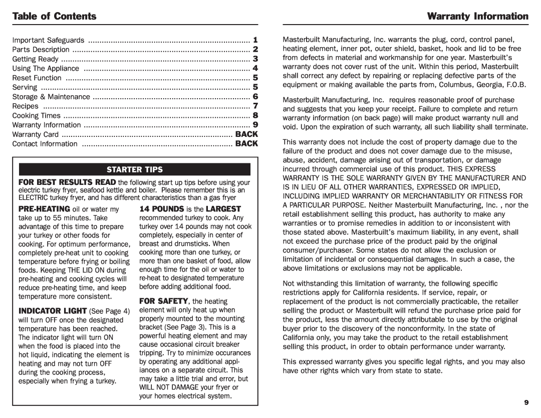 Masterbuilt 20010306 operation manual Table of Contents, Warranty Information, Starter Tips 