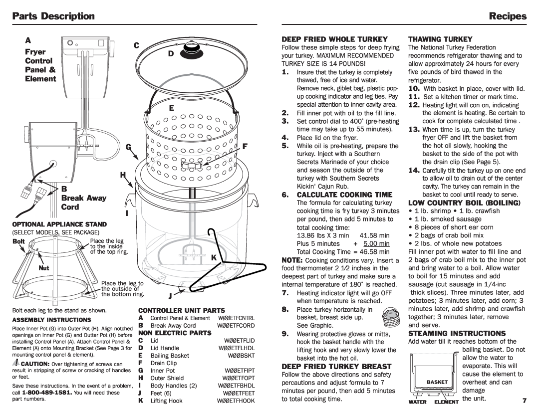 Masterbuilt 20010306 Parts Description, Recipes, Deep Fried Whole Turkey, Thawing Turkey, Low Country Boil Boiling 