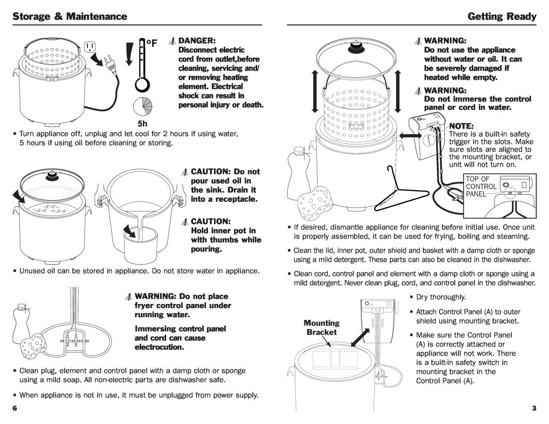 Masterbuilt 20010306 Storage & Maintenance, Getting Ready, Hold inner pot in with thumbs while pouring, Mounting, Bracket 
