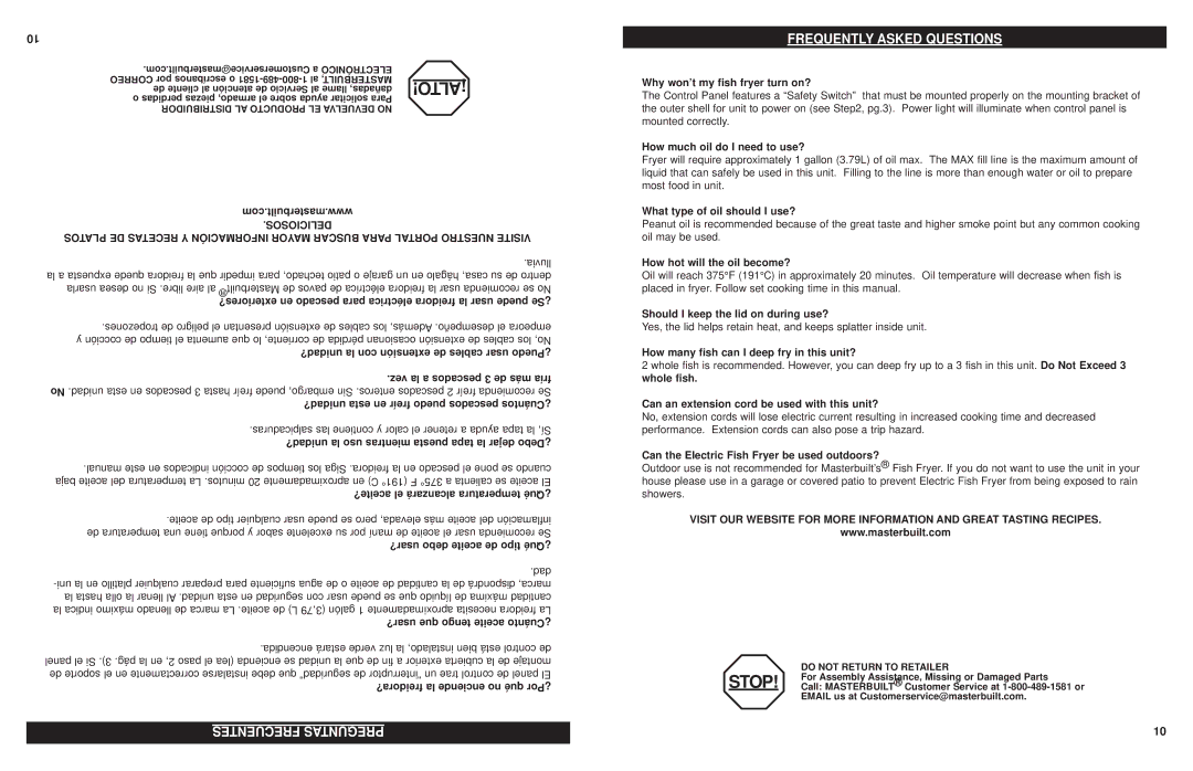 Masterbuilt 20010610 manual Frequently Asked Questions, Frecuentes Preguntas 