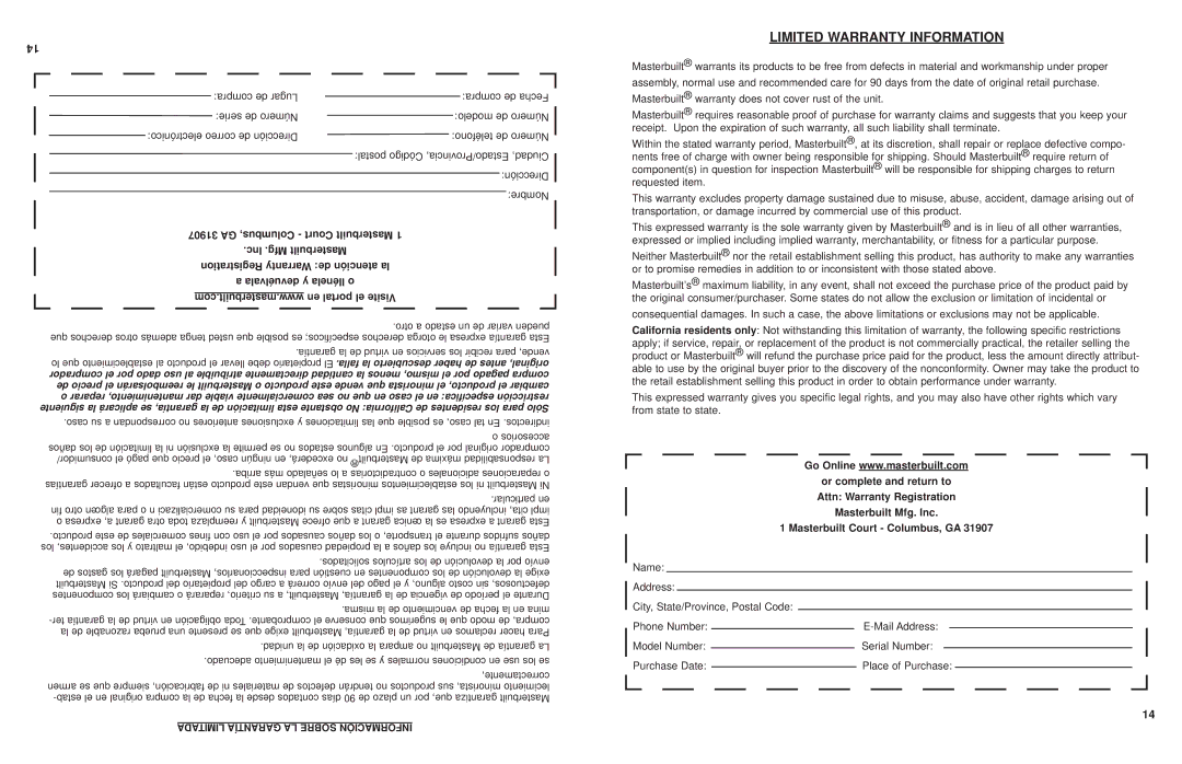 Masterbuilt 20010610 manual Limited Warranty Information 