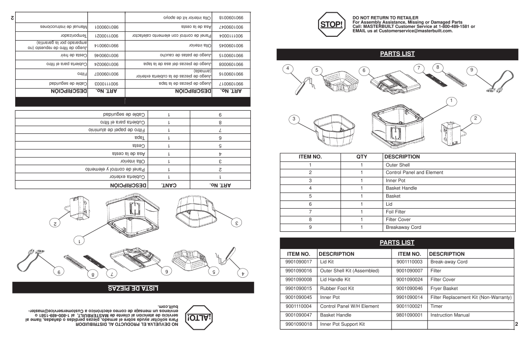 Masterbuilt 20010610 manual ¡Alto, Piezas De Lista, Parts List 