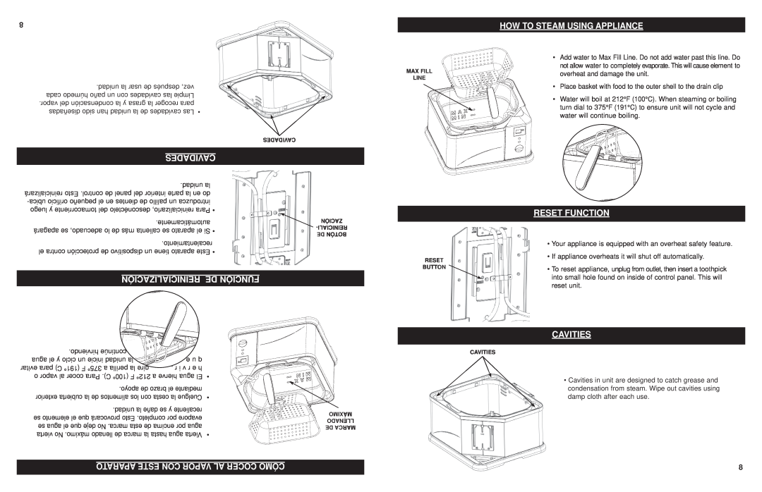 Masterbuilt 20010610 manual Cavidades, Reinicialización De Función, Reset Function, Cavities, How To Steam Using Appliance 