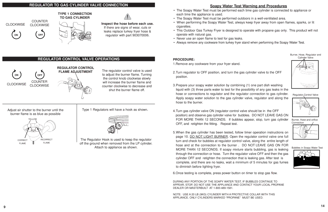 Masterbuilt 20020107 instruction manual Regulator to GAS Cylinder Valve Connection, Soapy Water Test Warning and Procedures 