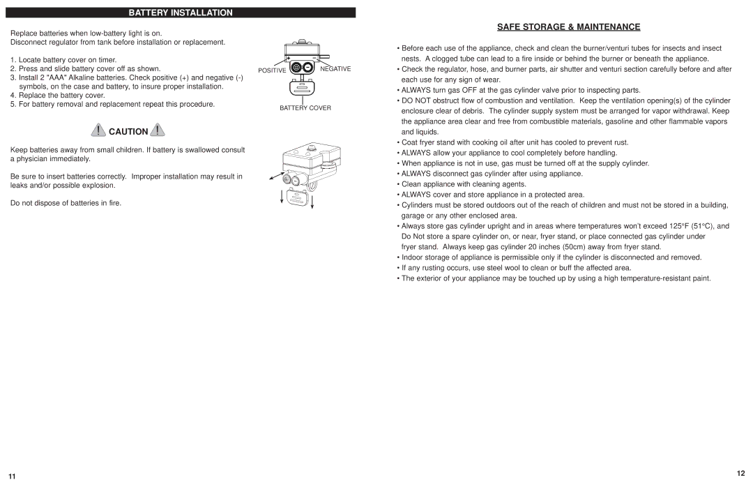 Masterbuilt 20020107 instruction manual Battery Installation, Safe Storage & Maintenance 