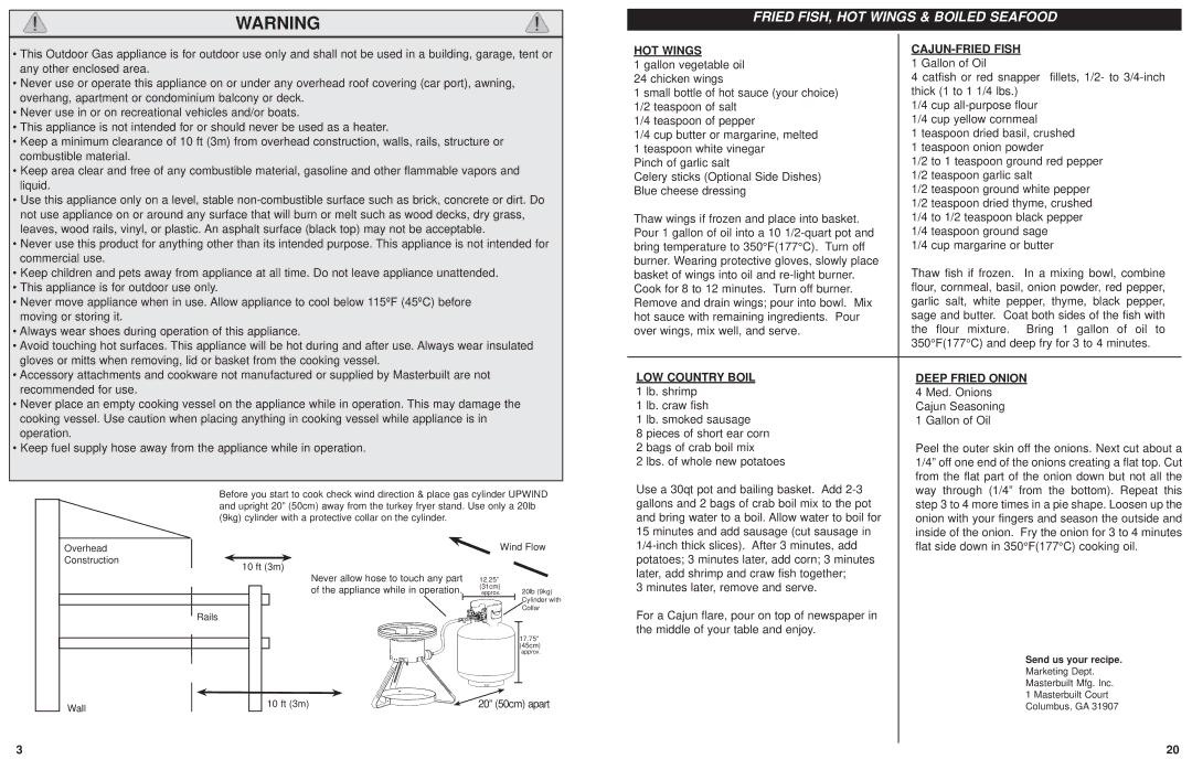 Masterbuilt 20020107 instruction manual HOT Wings CAJUN-FRIED Fish, LOW Country Boil Deep Fried Onion 