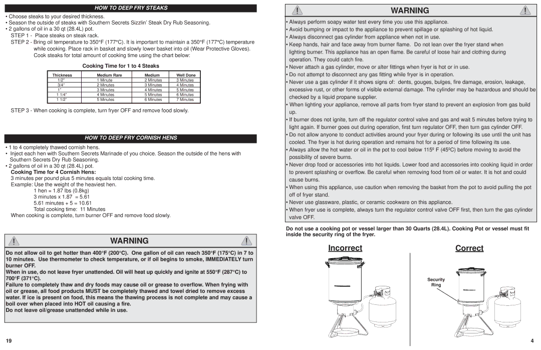 Masterbuilt 20020107 instruction manual Cooking Time for 1 to 4 Steaks, Cooking Time for 4 Cornish Hens 