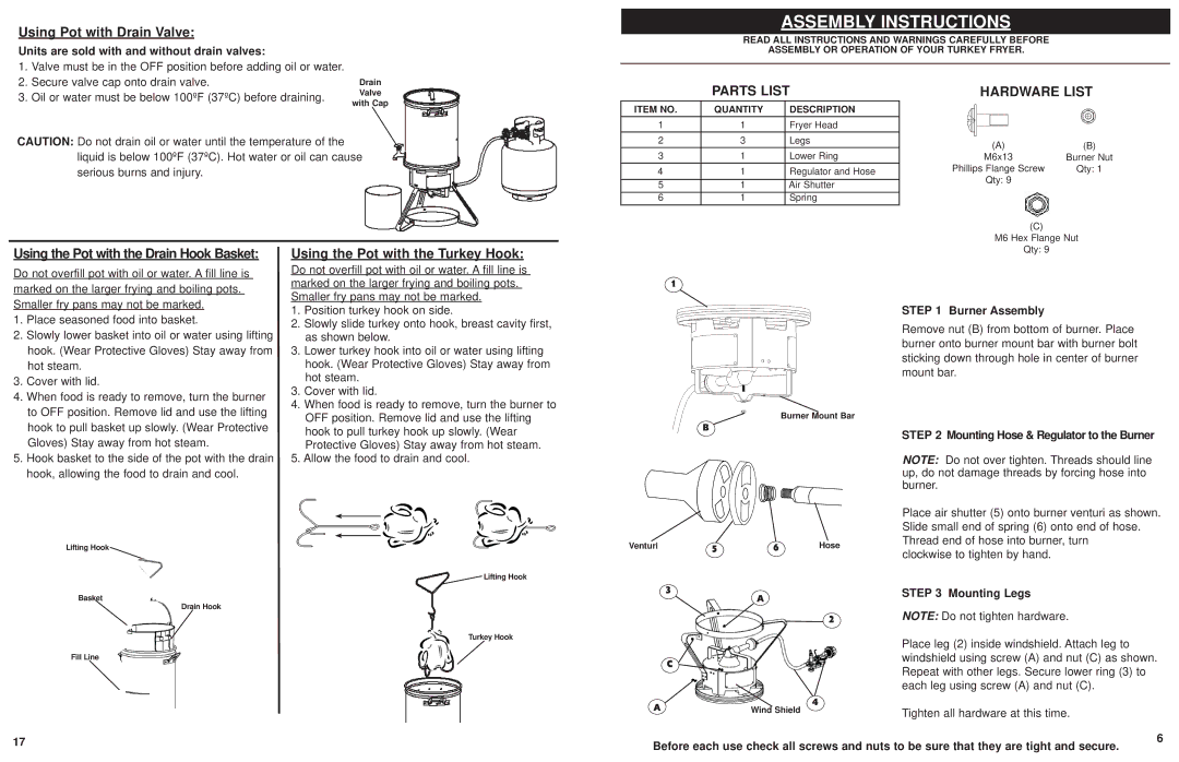 Masterbuilt 20020107 Using Pot with Drain Valve, Parts List Hardware List, Using the Pot with the Drain Hook Basket 