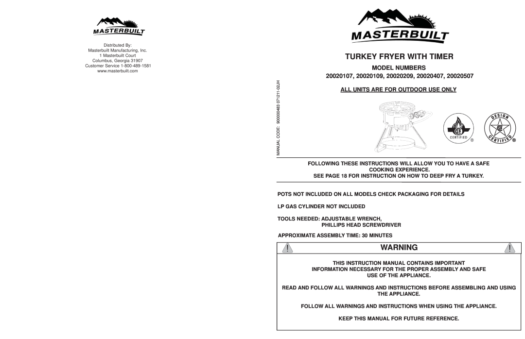 Masterbuilt 20020107 instruction manual Turkey Fryer With Timer, Model Numbers, All Units Are For Outdoor Use Only 